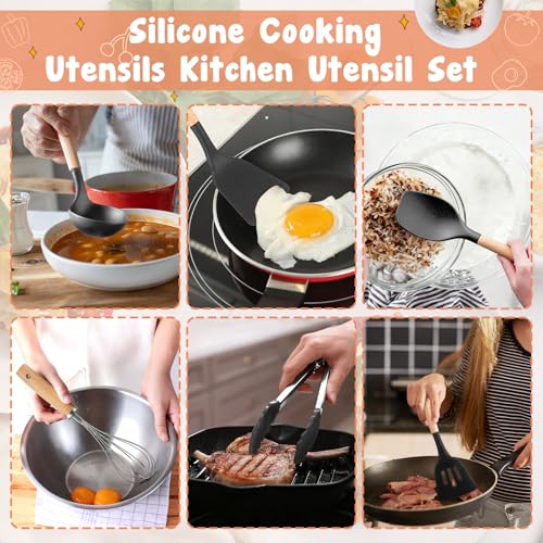 37 Pcs Oven Mitts and Pot Holders with Silicone Kitchen Utensils Set Silicone Cooking Utensils Set with Holder, Kitchen Towels, Heat Resistant Gloves for Christmas Baking Cooking(Dark Gray)