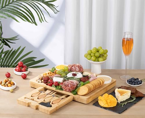 Bamboo Charcuterie Board Gift Set with Expandable Slate, Hidden Drawer, Lightweight, Modern, Natural Finish, Ideal for Cheese, Meats, and Snacks, Perfect for Gatherings or Gifting - size: 2 Grooves Charcuterie Board Set