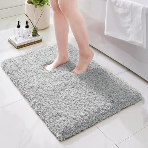 Bathroom Rugs Non Slip Washable, Ultra Thick Soft Microfiber Absorbent Bath Mats, High Density Foam Latex Non Slip Backing Bath Rugs, Fluffy Floor Carpet for Tub&Shower 24x17, Grey - color: Grey, size: 24" X 17"(Small Bathroom Rug)