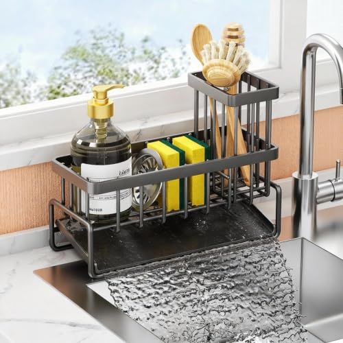 Stainless Steel Sink Caddy Sponge Holder for Kitchen Sink, Countertop Organization Storage with Movable High Brush Holder, Soap Dispenser Set Tray Counter Storage Rack, Home Decor Accessories ﻿