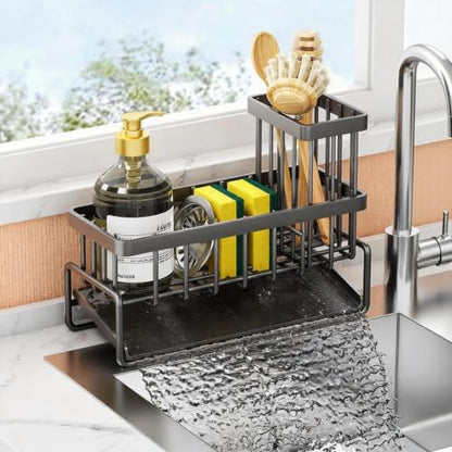 Stainless Steel Sink Caddy Sponge Holder for Kitchen Sink, Countertop Organization Storage with Movable High Brush Holder, Soap Dispenser Set Tray Counter Storage Rack, Home Decor Accessories ﻿
