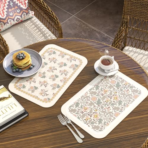 Vinyl Waterproof Placemats Set of 6 Rectangular,12"*17"-Hazel D | Wipeable Beautiful Print Place Mats,Stain Resistant,Heat Resistant,Everyday Meals,Kitchen,Dinning,Holiday,Decor - color: Hazel D