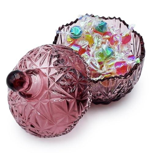 Crystal Glass Candy Snack Barrel Storage Jar Embossed Luxury Cookie Buffet Canister With Lids Jewelry Box Jar Biscuit Containers（Crown-Purplish-Red） - color: Crown-Purplish-Red