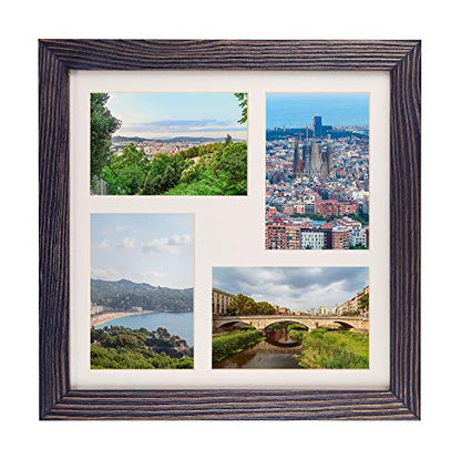 Rustic Solid Wood Square Collage Photo Frame 12x12 inch – Display Four (4) 4x6 inch Pictures with Mat Wall Tabletop - Dark Grey - color: Dark Grey