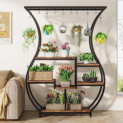 Tribesigns 6-Tier Plant Stand, 70.9 Inch Tall Plant Shelf with 10 Hanging Hooks, Vase Shape Ladder Plant Stand, Multi-Purpose Plant Display Rack for Indoor, Balcony, Living Room, Brown and Black