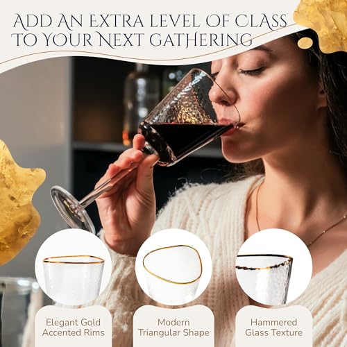 Bec's Designs Wine Glasses Set of 4, 10oz Handblown, Hammered, Gold Rim | Unique triangular wine glass design creates elegant stemware for serving red wine, white wine & champagne.