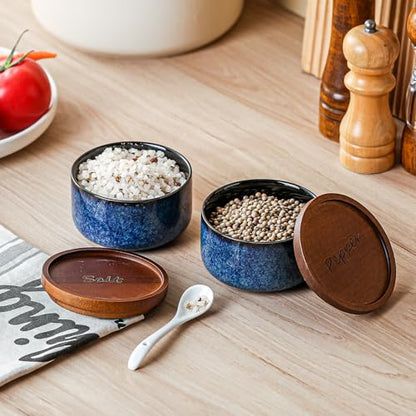 Ceramic Salt and Pepper Bowls: 9 oz Stackable Spice Cellars with Wooden Lids - Stacked Seasoning Storage Containers for Countertop Stovetop - Blue