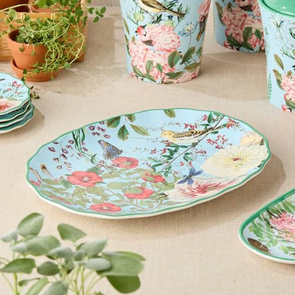 Flora Ceramic Oval Platter – 14" x 10" Large Decorative Serving Dish with Pastel Floral, Butterfly, and Bird Patterns, Perfect for Appetizers, Charcuterie, and Dessert