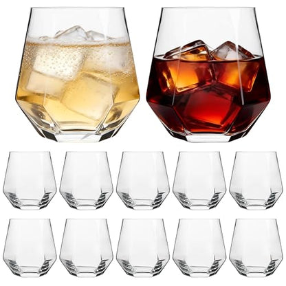 UMEIED 11 oz Diamond Wine Glasses Set of 12, Stemless Geometric Tumblers | For Red Wine, Bourbon, Cocktail, Heavy Base Clear Glass, For Home Bar, Party, Housewarming