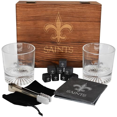 The Memory Company Licensed NFL Wood Boxed Drinkware Gift Set - Includes 2 Premium Rock Glasses, Cooling Cubes, Tongs, and Coasters, New Orleans Saints - color: New Orleans Saints