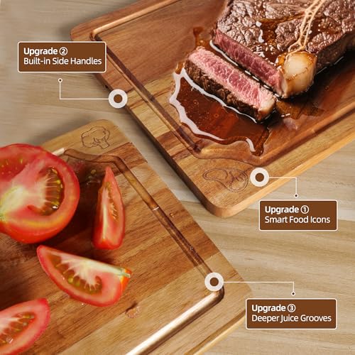 Acacia Wood Cutting Boards Set for Kitchen, 4-Piece Chopping Board Set with Food Icon (Meat, Fish, Vegetables, Fruits) Wooden Butcher Block with Stands & Juice Groove (S,M,L,XL) - color: Acacia Wood Set of 4
