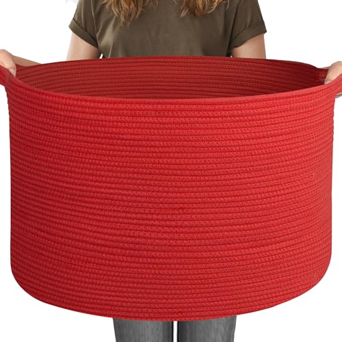 115L Extra Large Red Basket for Organizing, 23.6"x15.7" Jumbo Woven Cotton Rope Bins for Blankets, Baby Nursery Laundry Basket, Kids Dog Toy Storage Box, Huge Red Living Room Decor Organizer - color: Red, size: 23.6"x23.6"x15.7"