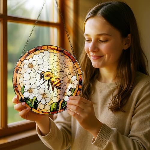 Bee Wildflowers Stained Glass Suncatcher, Stained Glass Window Hanging, 8 Inch Honey Bee Suncatcher, Honeybee Gifts for Garden Lovers, Gifts for Mother's Day, Teacher Gift, Grandma Gift - color: Bee