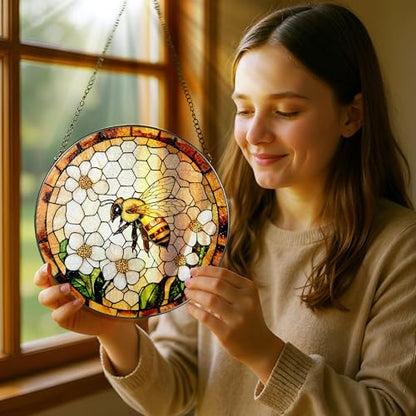 Bee Wildflowers Stained Glass Suncatcher, Stained Glass Window Hanging, 8 Inch Honey Bee Suncatcher, Honeybee Gifts for Garden Lovers, Gifts for Mother's Day, Teacher Gift, Grandma Gift - color: Bee