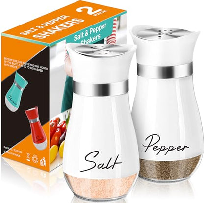 Salt and Pepper Shakers - 4 oz White Glass Set with Stainless Steel Lids | Refillable Glass Shakers with Stainless Steel Lids for Cooking, Dining, RV Trips, Camping and BBQs; 4 oz Capacity Each. - color: White