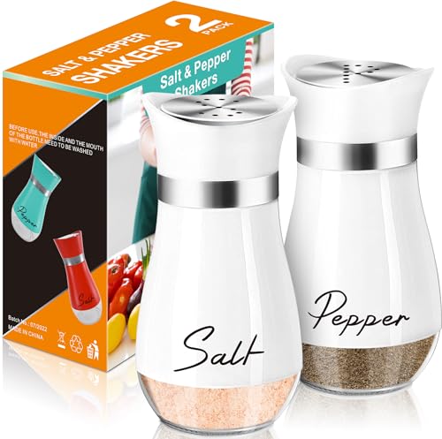 Salt and Pepper Shakers - 4 oz White Glass Set with Stainless Steel Lids | Refillable Glass Shakers with Stainless Steel Lids for Cooking, Dining, RV Trips, Camping and BBQs; 4 oz Capacity Each. - color: White
