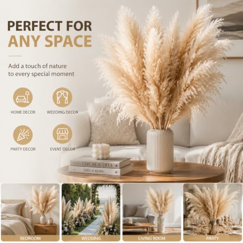 43.3 Inch Natural Pampas Grass Bouquet, 23.6 Inch Large Fluffy Plumes, Zero Maintenance Boho Farmhouse Decor for Floor Vase, Wedding Party Home Decoration, 10 Stems