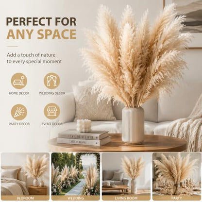 43.3 Inch Natural Pampas Grass Bouquet, 23.6 Inch Large Fluffy Plumes, Zero Maintenance Boho Farmhouse Decor for Floor Vase, Wedding Party Home Decoration, 10 Stems