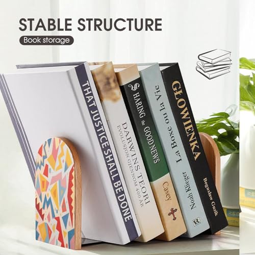 Personalized Wood Book Ends Metal Base Geometric Pattern Design Printing Bookend Modern Heavy Duty Bookends for Home Or Office 1 Pair - color: Geometric Pattern Design