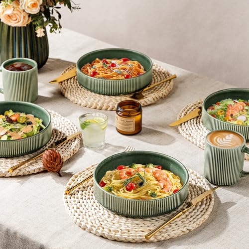 GBhome 7.5 Inch Pasta Bowls Set of 4, Ceramic Salad Bowls, Dark Green | Double Reactive Glaze Bowls for Pasta, Noodles & Fruit, Scratch Resistant, Microwave & Dishwasher Safe - color: Dark Green, size: Set of 4