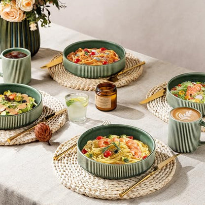 GBhome 7.5 Inch Pasta Bowls Set of 4, Ceramic Salad Bowls, Dark Green | Double Reactive Glaze Bowls for Pasta, Noodles & Fruit, Scratch Resistant, Microwave & Dishwasher Safe - color: Dark Green, size: Set of 4