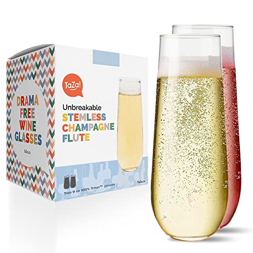 Unbreakable Stemless Champagne Flutes 9oz Set of 2, Shatterproof Tritan Plastic Glasses, Reusable Dishwasher Safe Flute, Wedding, Bachelorette, Travel & Poolside Champagne Glasses