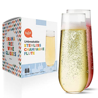 Unbreakable Stemless Champagne Flutes 9oz Set of 2, Shatterproof Tritan Plastic Glasses, Reusable Dishwasher Safe Flute, Wedding, Bachelorette, Travel & Poolside Champagne Glasses