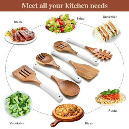 Wooden Spoons For Cooking, 6 Pieces Natural Acacia Wooden Cooking Utensils or Non-Stick Wood Kitchen Utensil Set for Kitchen Essentials, Wooden Cooking Utensils Set with Hanging Hole, White - color: White