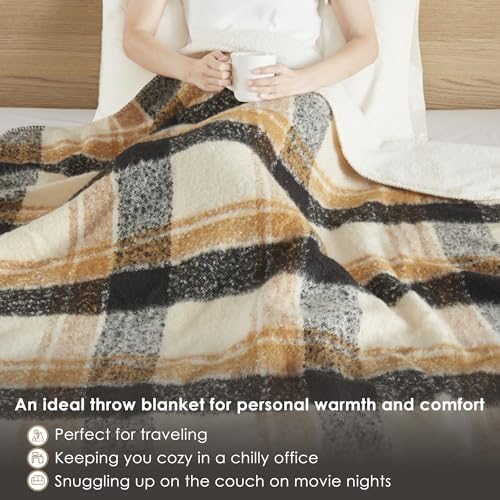 Woolrich Sherpa Whipstitch Throw Blanket 50x60 Plaid Tan Soft Couch | Lightweight comfort for layering, Sofa ready accent for lodge rooms, Fringe edge adds texture, Easy care, OEKO-TEX certified - color: Tan