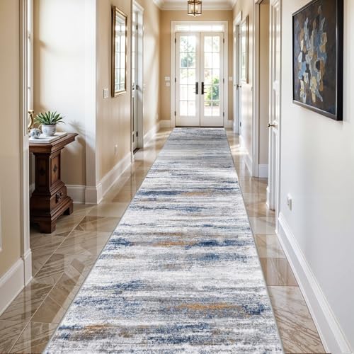 3x12 Washable Hallway Runner Rug: Extra Long Runners for Entryway Living Room Dining Room - Stain and Water Resistant Rugs with Non-Slip Backing - Soft Low-Pile Carpet 12ft Navy Grey - color: Navy/Grey, size: 3' x 12' (Runner)