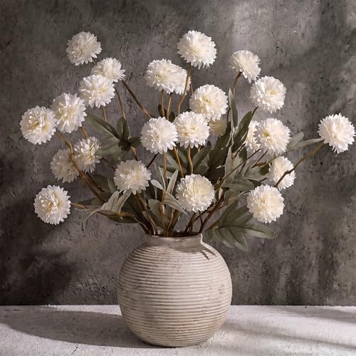 CEWOR 5 Pcs Faux Silk Pompon Mum Artificial Flowers for Vase, Bulk Fake Chrysanth Branches with Stems for DIY Bouquet Centerpieces Decor Wedding Floral Arrangements (Cream) - color: 5pcs White