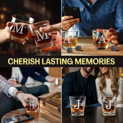 Custom Monogram Since Year Whiskey Glass Set, 2 Glasses, Wood Crate | Name Design, 6 Granite Stones, Tongs Included, 2 Slate Coasters, Rustic Wood Design, Scotch Bourbon Lover Gift