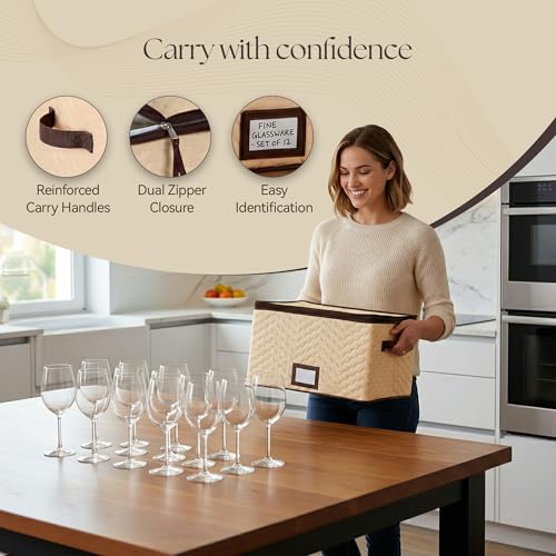 Wine Glass Storage Box with Dividers, Holds 12 Glasses up to 3.75" Wide | 2 Pack, Stemware Storage Case, Protects Fine China, Durable Quilted Microfiber, Carry Handles, Ideal for White Wine - size: Red & White Wine, style: 2 Pack