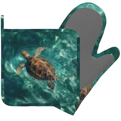 Sea Turtles Ocean Oven Mitts and Pot Holders Sets Silicone Heat Resistant Kitchen Oven Gloves Pot Holder for Cooking Baking Grilling BBQ - color: Sea Turtles Ocean