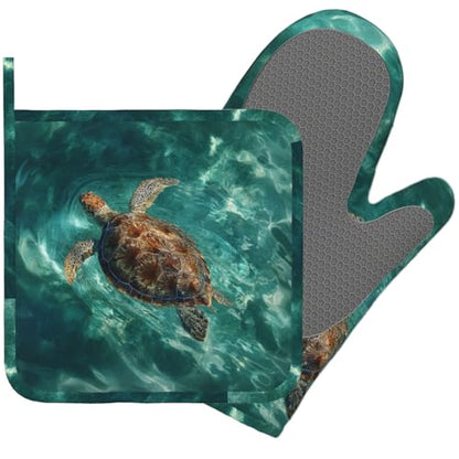 Sea Turtles Ocean Oven Mitts and Pot Holders Sets Silicone Heat Resistant Kitchen Oven Gloves Pot Holder for Cooking Baking Grilling BBQ - color: Sea Turtles Ocean