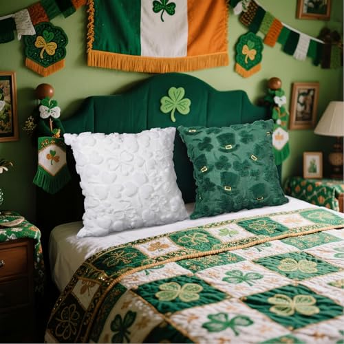 Tiamon 4 Pcs St. Patrick's Day Throw Pillow Covers 18 x 18 Inch 3D Embroidered Plush Green Shamrock Pillow Cases Lucky Clover Fluffy Faux Fur Cushion Covers for Spring Holiday Home Bed Sofa Couch - style: St. Patrick's Day