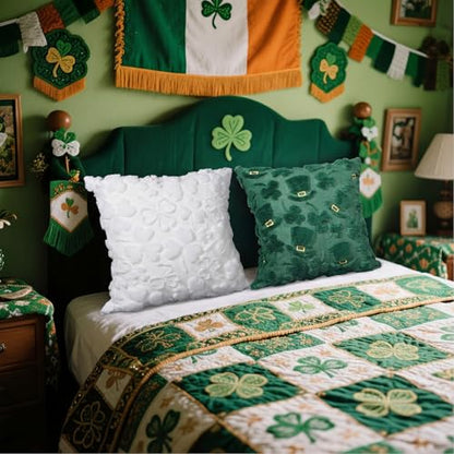 Tiamon 4 Pcs St. Patrick's Day Throw Pillow Covers 18 x 18 Inch 3D Embroidered Plush Green Shamrock Pillow Cases Lucky Clover Fluffy Faux Fur Cushion Covers for Spring Holiday Home Bed Sofa Couch - style: St. Patrick's Day