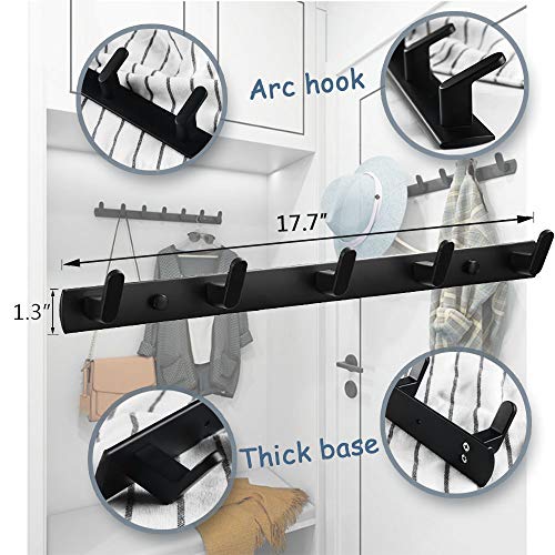 Wall Mounted Coat Rack, 5 Hooks, 17.7"x1.3", Modern, Black, 2 Pcs | Space Aluminum, Rustproof, for Hallway, Entryway, Hanging Holder for Clothes, Towel, Backpack, 40 lbs Capacity, Easy Install - size: 5 Hooks(2 packs)