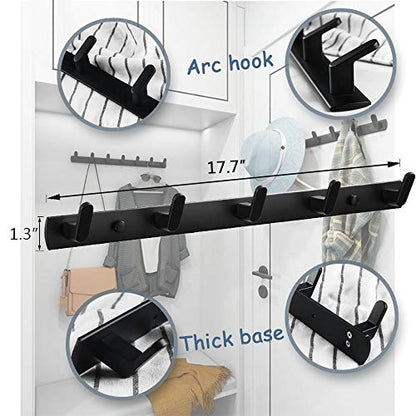 Wall Mounted Coat Rack, 5 Hooks, 17.7"x1.3", Modern, Black, 2 Pcs | Space Aluminum, Rustproof, for Hallway, Entryway, Hanging Holder for Clothes, Towel, Backpack, 40 lbs Capacity, Easy Install - size: 5 Hooks(2 packs)