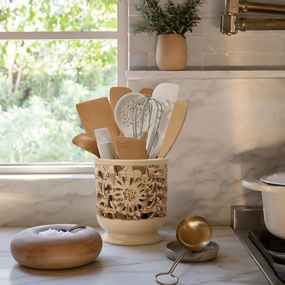 Farmhouse Kitchen Utensil Holder for Countertop, Ceramic Large Cooking Utensil Crock with Cork Mat, Decorative Rustic Utensil Holder for Kitchen Counter, Hollow Carving Flower, Beige | 6.9" Large Cooking Utensil Crock for Countertop, Decorative Rustic Ute