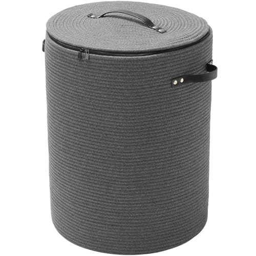 16"x20" Extra Large Cotton Rope Basket with Zipper Lid, Woven Laundry Hamper and Blanket Storage Basket, Round Clothes Bin for Living Room Bedroom, Dark Grey - color: All Dark Grey