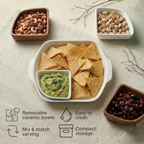 Chip and Dip Serving Set - Ceramic Wooden Serving Platter with 4 Seperable Compartments - Divided Serving Tray for Tacos, Appetizers, Veggies - Sectional Relish Tray for Parties
