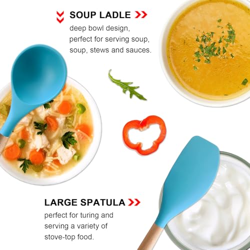 Silicone Kitchen Cooking Utensils Set, 5-Piece Non-Stick Silicone Kitchen Utensils Spatula Serving Spoons Turner Ladle Set w Wooden Handle Heat Resistant Cooking Gadgets for Nonstick Cookware - color: Light Blue, size: Standard 5-Piece Set
