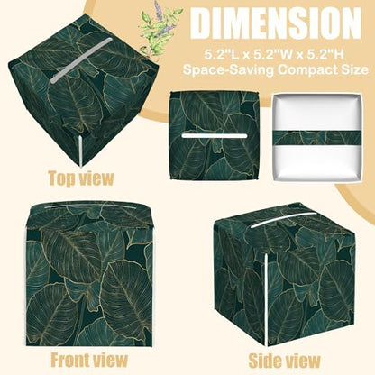 Tropical Green Leaves Tissue Box Cover Square, Golden Line Art Tissue Box Holder with Bottom Belt Leather Facial Paper Organizer Dispenser for Bathroom Bedroom Dresser Night Stand Tabletop - color: Tropical Green Leaves