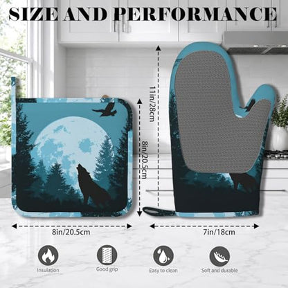 Wolves Howling in Night Heat-Resistant Oven Mitts and Pot Holder Full Moon Kitchen Non-Slip Silicone Cooking Microwave Gloves for Cooking Baking Grilling - color: Wolves Howling in Night