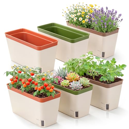 OurWarm Windowsill Herb Planter Box Set of 6, 10.5 Inch Self Watering Pots for Indoor Plants, Flower Box with Water Level Window, Colorful Plastic Flower Pots & Planters for Herbs, Vegetables, Flowers - size: 6 PACK