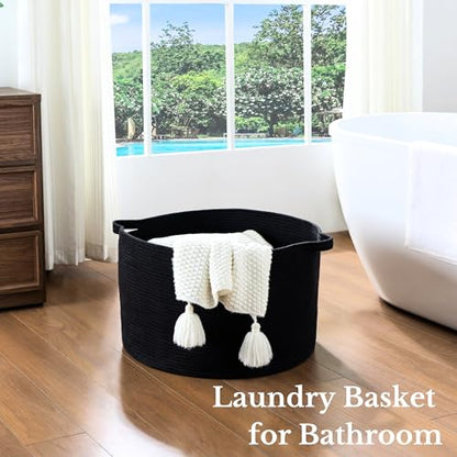 Extra Large Nursery Storage Basket, 22 x 22 x 14 inches - 100% Cotton Rope Baskets with Handles, Blanket Basket for Toys, Blankets & Pillows - Inner Black - color: Pure Black