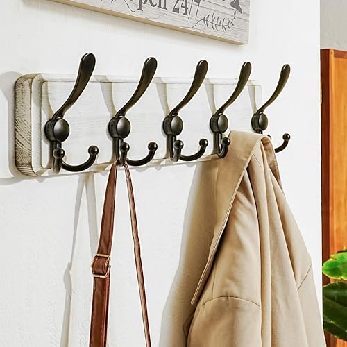 Coat Rack Wall Mounted - 5 Tri Hooks, Heavy Duty, Wooden Wall Coat Hanger Coat Hook for Clothes Hat Jacket Clothing, White & Black - color: White & Black, size: L=17.4"