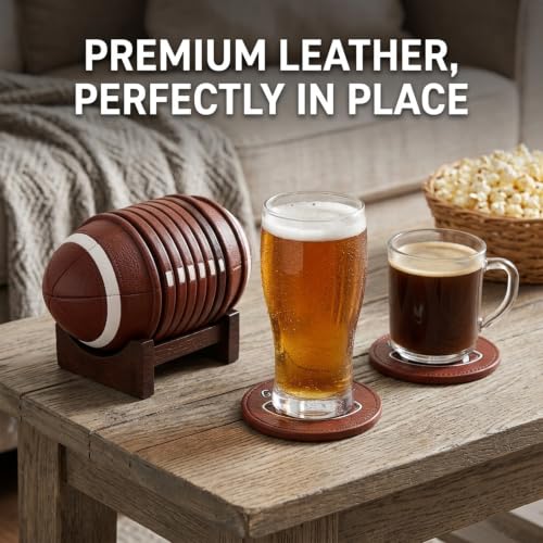 Football Coasters - 6 Full-Size Gridiron Rustic American Football Coasters | Non-Slip for Log Cabin, Man Cave, Bar & Farmhouse Decor | Protect Furniture - style: Football