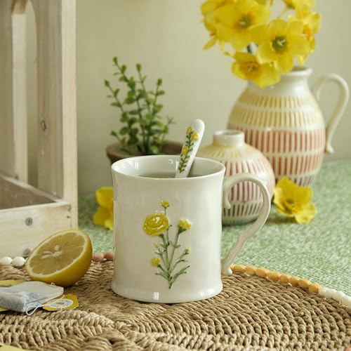 Ceramic coffee Mugs, Set of 1 Yellow Flower - 16oz, Hand-Painted, Microwave heating and dishwasher cleaning available, Ideal for Daily Brews - color: Yellow Flower